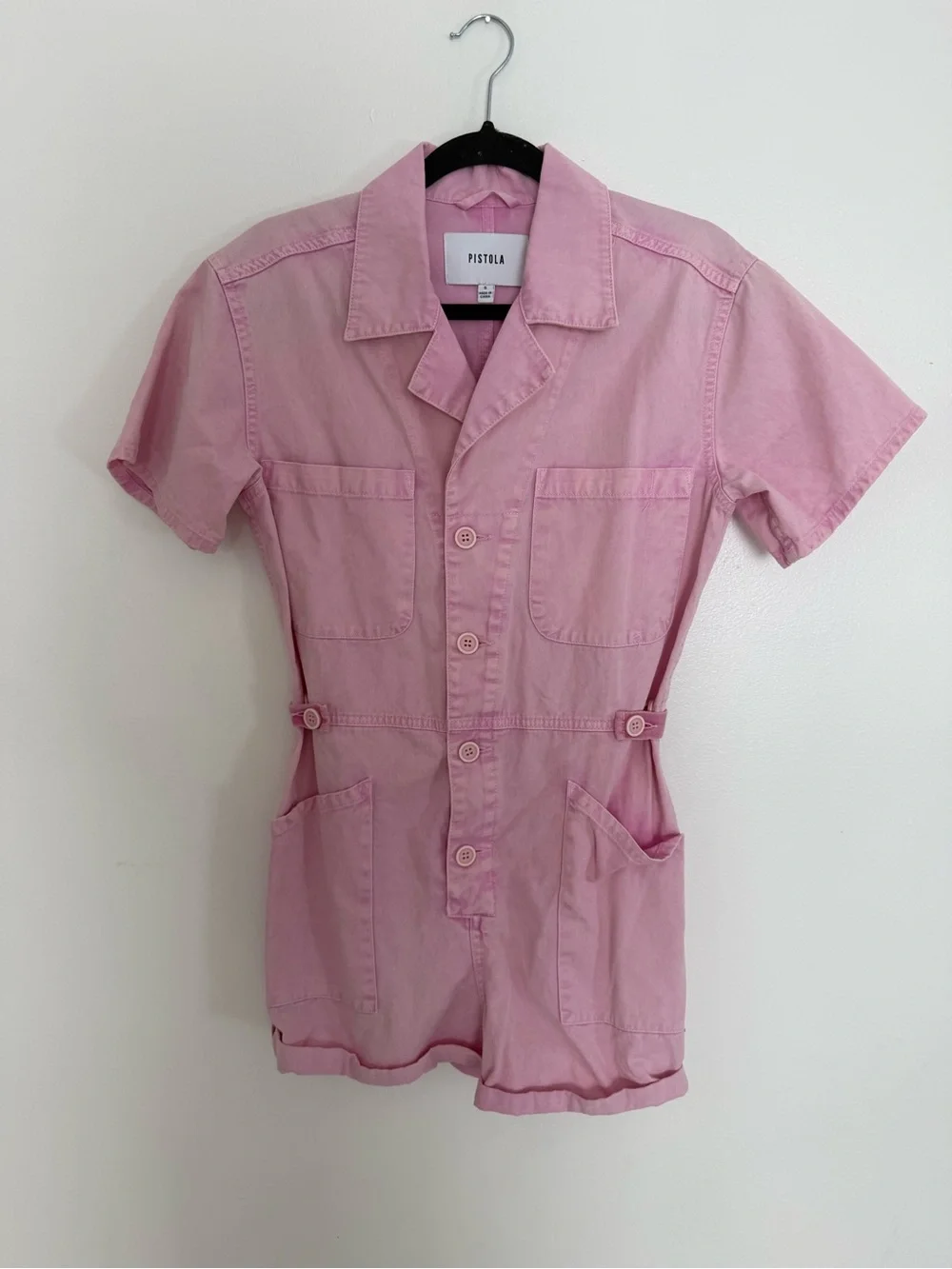 Pistola Romper Park Utility Denim Button Down in Aurora Acid Pink